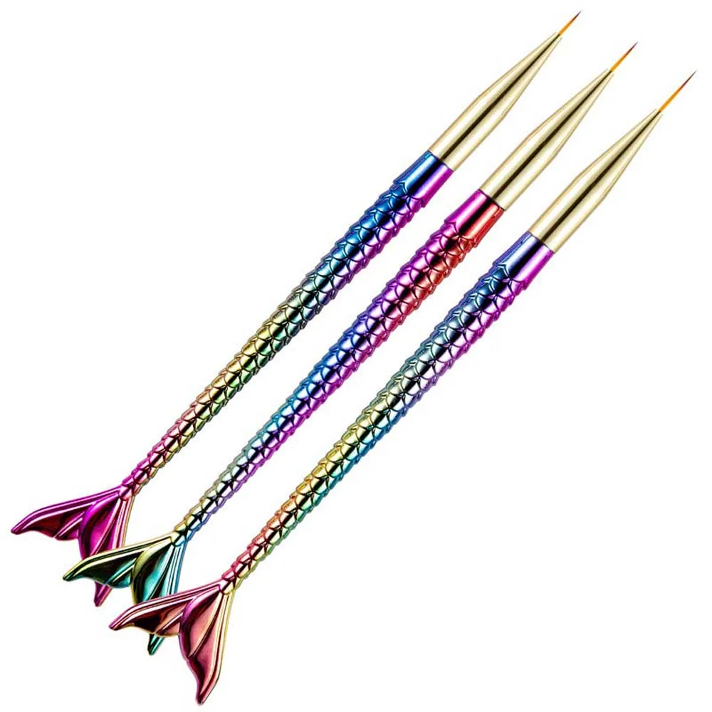 3Pcs/set Mermaid Tail Shape Mermaid Nail Painting Brush Ultra-thin Line Flower Line Grid Mermaid Nail Art Liner Pen 7/9/11mm
