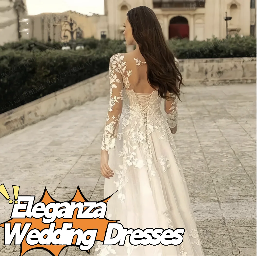 Customized Luxuury Bridal Dress A-Line Long Sleeves Lace Applique Wedding Dress Illusion Wedding Party Dress Vestido De Novia