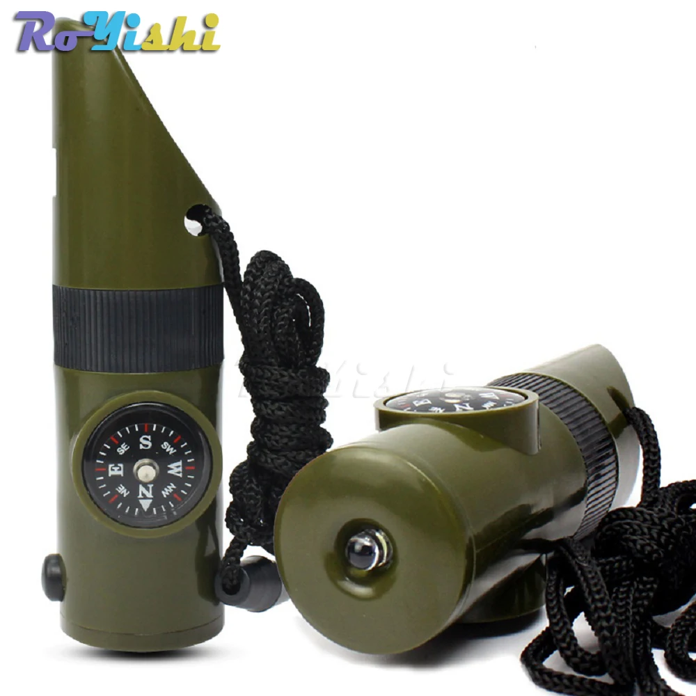 

1pcs 7 in 1 Multifunctional Military Survival Kit Magnifying Glass Whistle Compass Thermometer LED Light