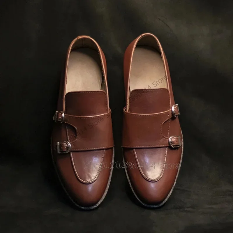 

Brown Buckle Decor Double Monk Men Loafers Fashion Slip On Men Shoes Luxury Handmade Party Feast Banquet Office Men Dress Shoes