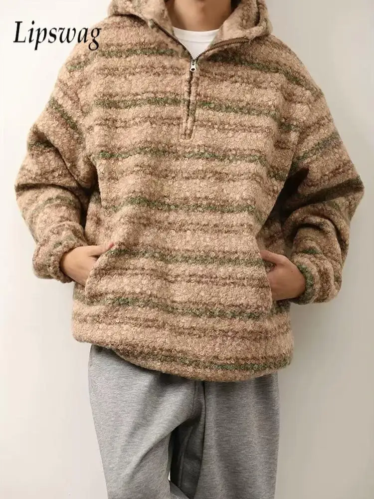 

Vintage Striped Knitted Hoodies Mens Casual Long Sleeve Zipper Knit Hooded Sweatshirts For Men Spring Fashion Knitting Jumpers
