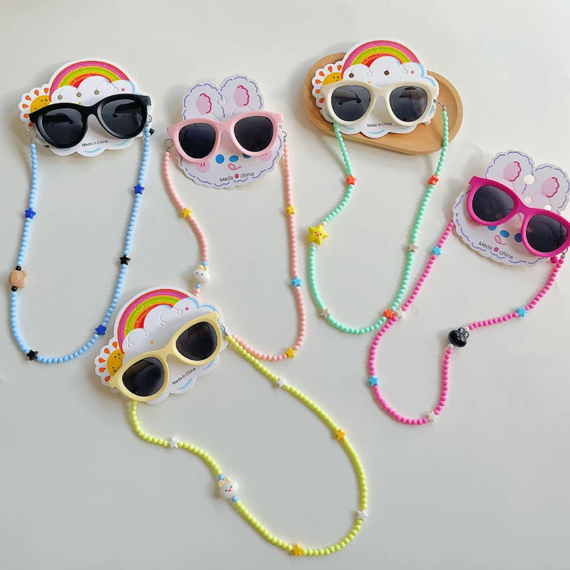 2Pcs/Set Spring Summer Kids Cat Eye Sunglasses Kawaii Fashion Sunscreen Eyeglasses With Eyeglass Chains Outdoor Children Eyewear