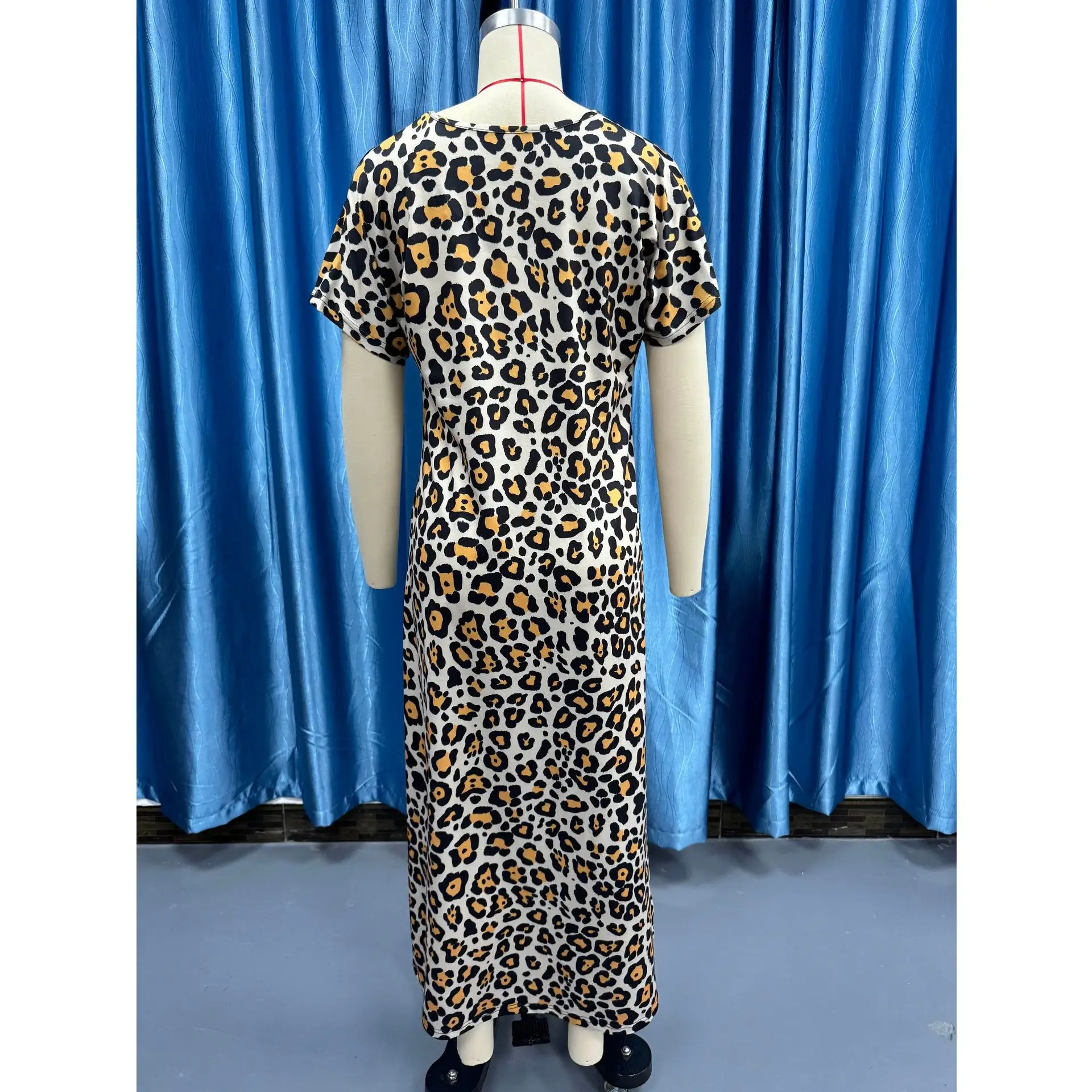 Women\'s Leopard Print Dress Casual Loose Long Skirt Print V-Neck Short Sleeve Dress