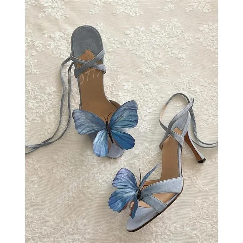 

Blue Butterfly Decor Evening Sandals Open Toe Shoes for Women Stilettos High Heels Evening Party Shoes 2024 Zapatos Para Mujere