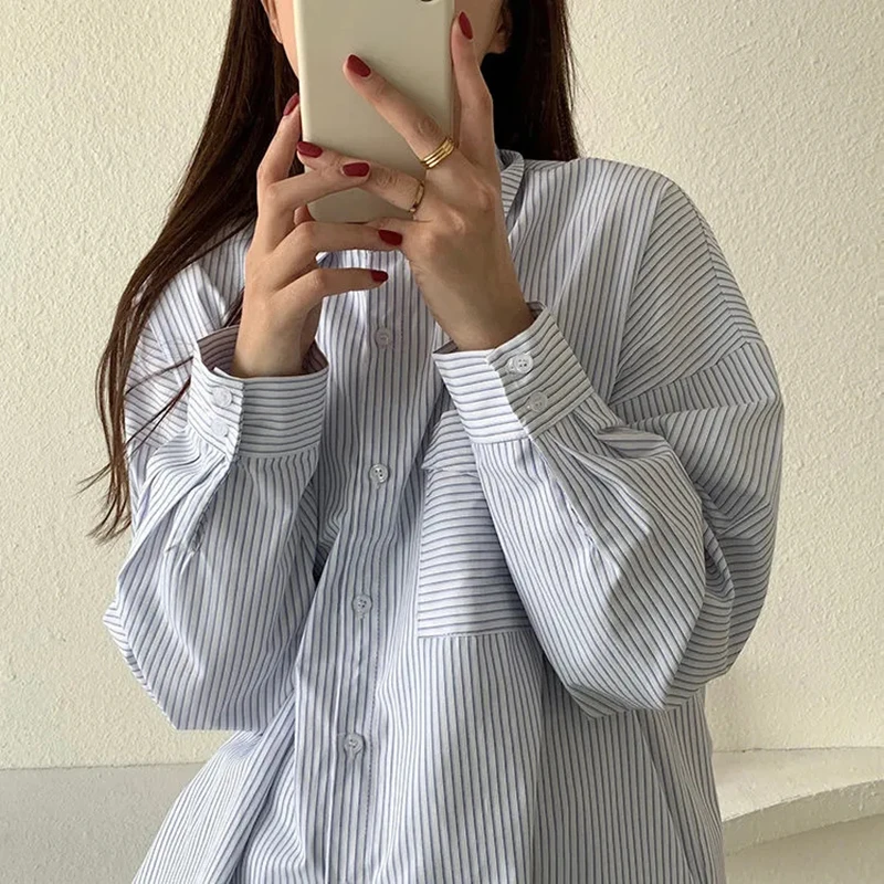 Striped Shirt Women Summer New Fashion Elegant Loose Long Sleeve Top Korean Casual Office Ladies Turn Down Collar Blouse