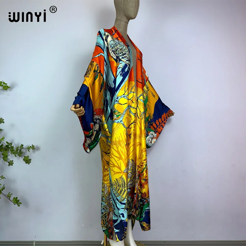 WINYI kimono summer Retro print Bikini Cover-up Elegant beach outfits for women sexy silk feeling vestidos para mujer dress robe