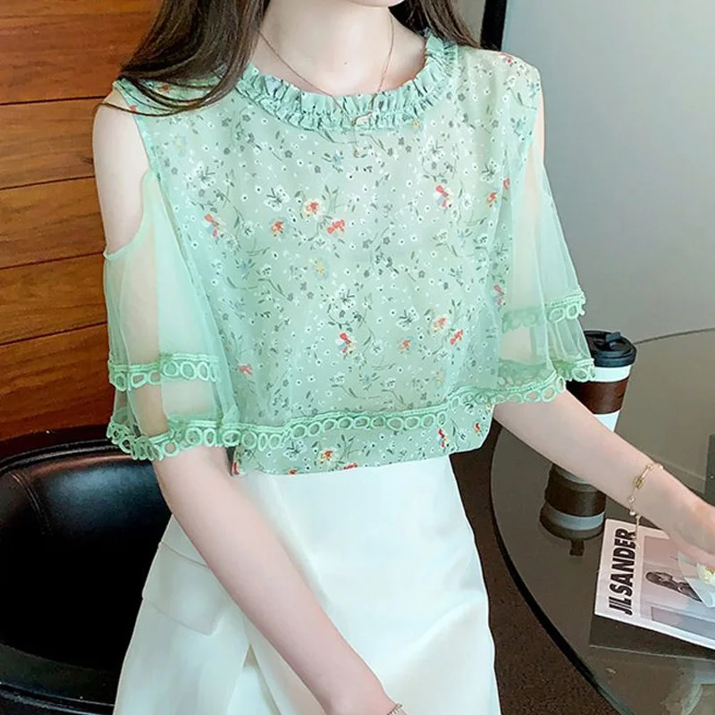 Korte Mouwen Bloemen Chiffon Shirt Tops Zomer Nieuw Net Garen Off Shoulder Print Mode Blouse Temperament Elegante Dameskleding