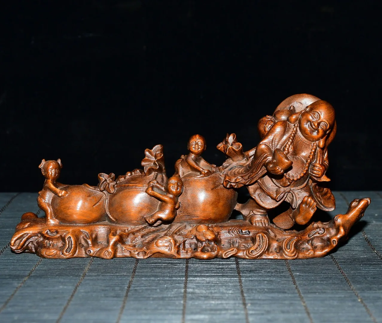 6"Old Boxwood Maitreya Buddha bring a woman to give birth to a child child Golden bag Statue screen Study Amass wealth Ornaments