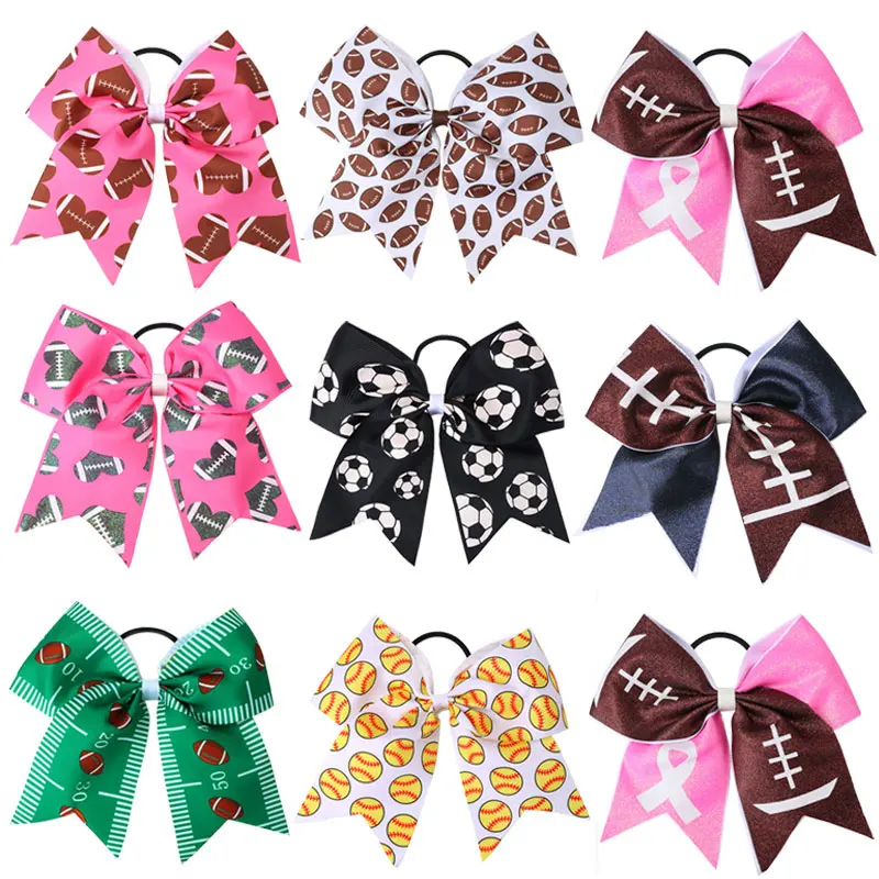 Fashion Football Cheerleading Bow Hair Bands Girls Ribbon Rugby Print Hair Rubber Ties Elastic Ponytail Holder Scrunchies