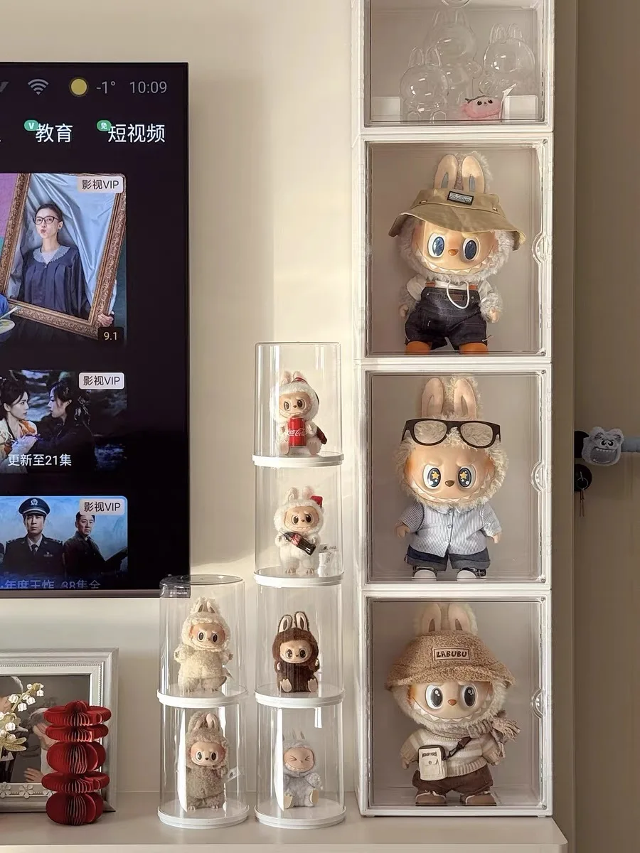 Caja de exhibición de colgante Labubu, caja ciega de almacenamiento de muñeca Labubu transparente giratoria, exhibición de almacenamiento a prueba de polvo y humedad