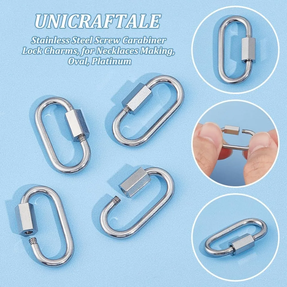 8Pcs 304 Stainless Steel Screw Carabiner Lock Charms Oval Keychain Clasps Platinum Keychain Clip Hook Quick Link making kit