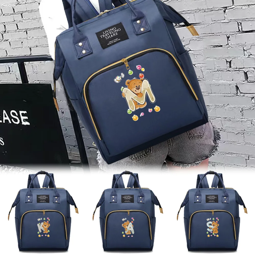 

Portable Fashion Mommy Pack Large Capacity with Compartments Zipper Backpack Ladies Casual Bear Letter Series Travel Storage Bag