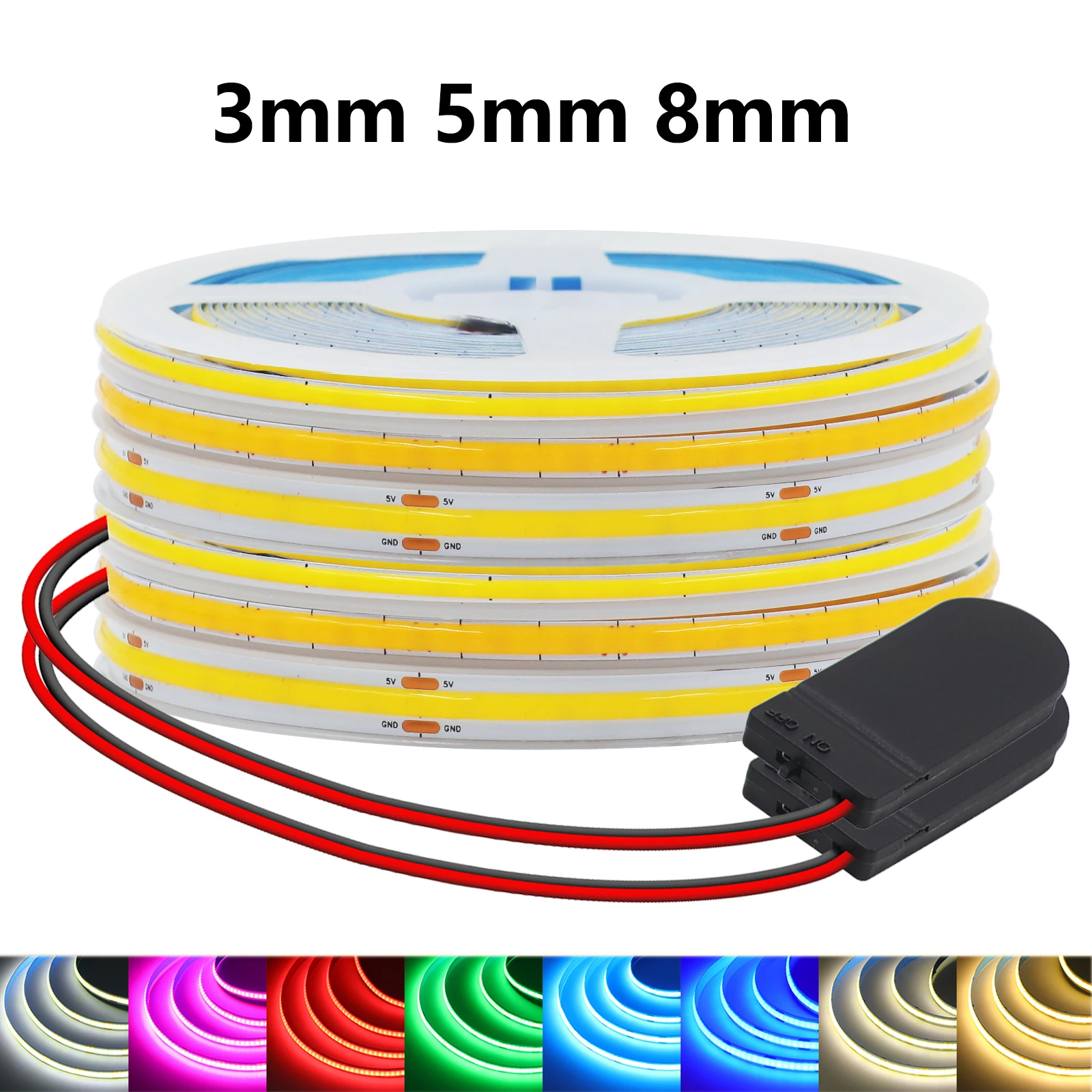 5V 3MM 5MM 8MM COB LED-Streifen Batteriebetrieben 320LEDs/m Rot Blau Grün Rosa Gelb Weiß Flexibles Klebeband 0,5m 1m 2m 3m