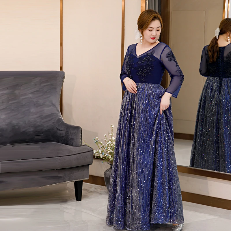 Sequins A-Line Evening Dress Lace Up V-Neck Embroidery Full Sleeves Elegant Floor-Length New Plus Size Women Formal Gowns D855