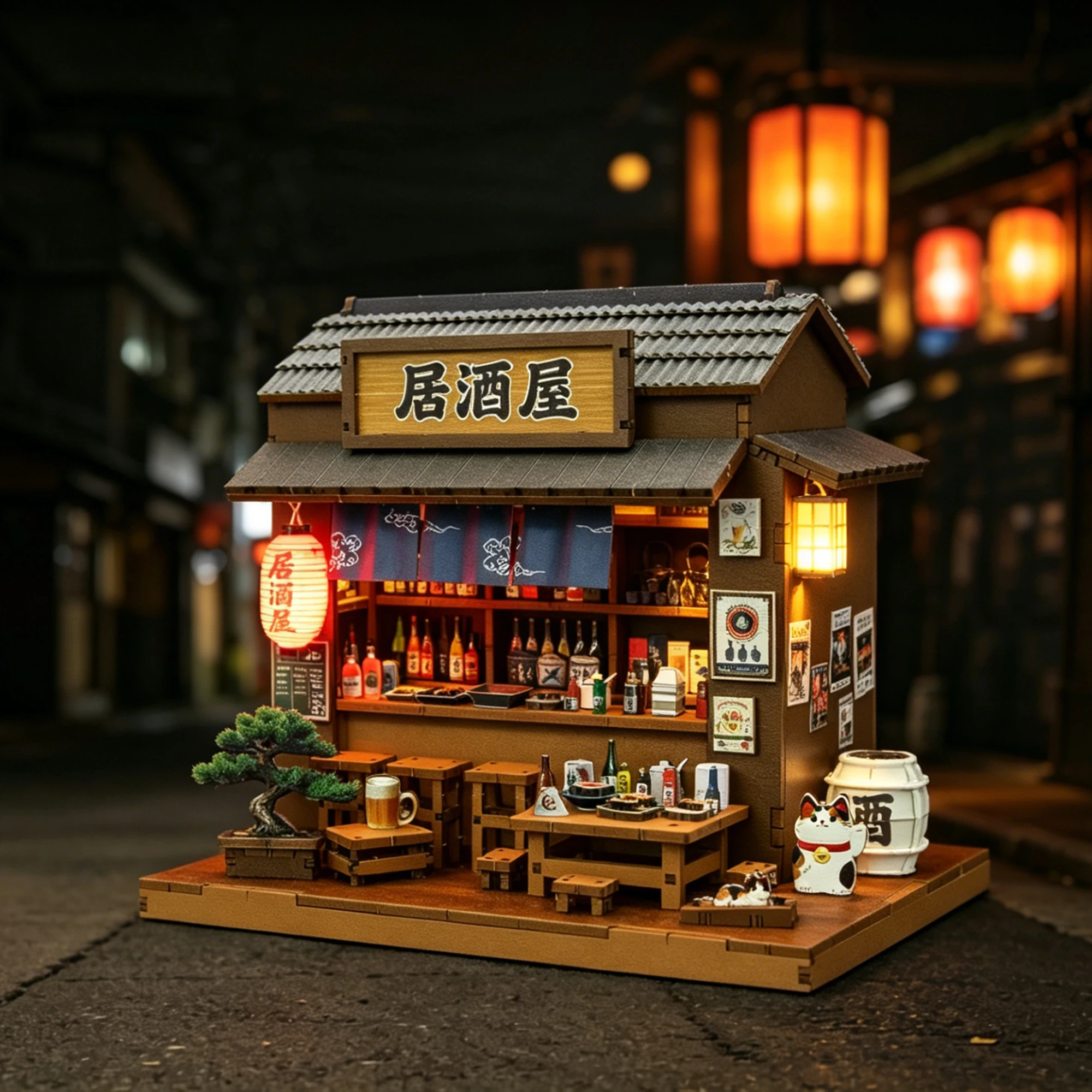 DIY 3D Puzzle Wooden Dollhouse Kit, Japanese Izakaya Street View Miniature Building Model, Hand‑Assembled Diorama House, Gift