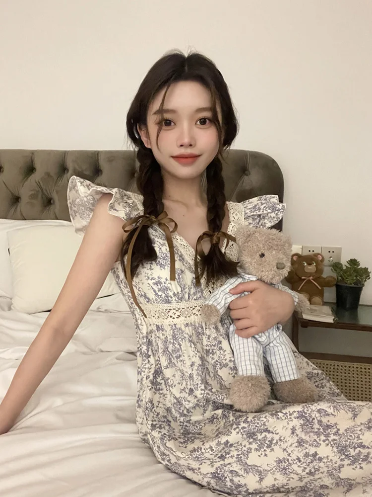 

Summer Strapless Print Home Korean Simple NightDress Women Kawaii Princess Sleepwear Ins Lace Fashionable Small flying sleeves