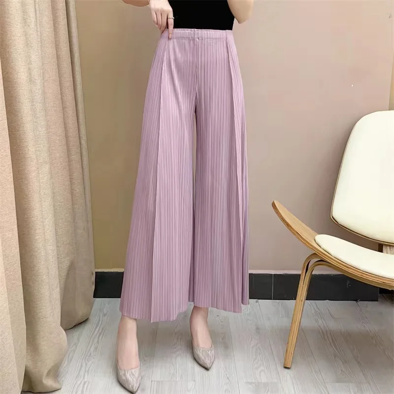 2023 Miyake Pleated Niche Wide-leg Flared Trousers for Women Spring Summer High Waist Elegant Solid Color Female Loose Pants