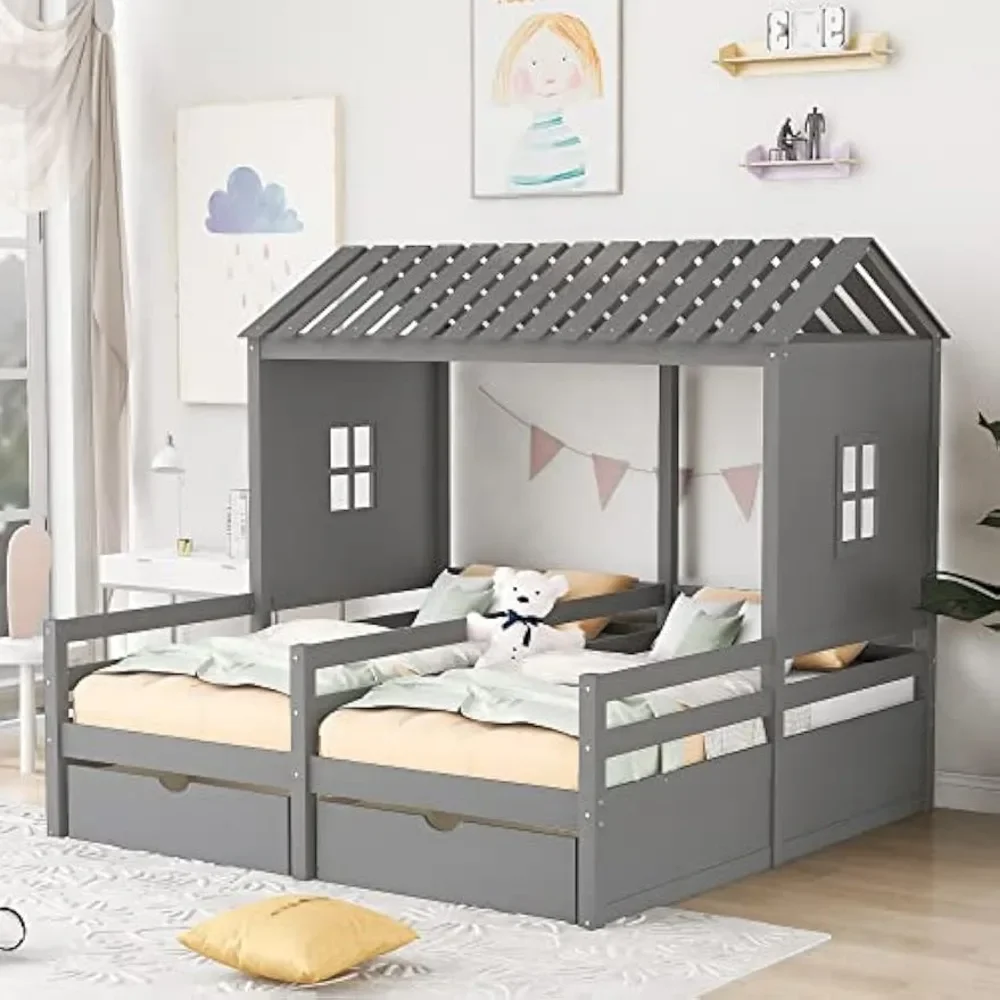 Twin dubbel gedeeld bed, twin-size huisplatform met twee lades voor jongens en meisjes gedeeld, geschikt voor slaapkamers