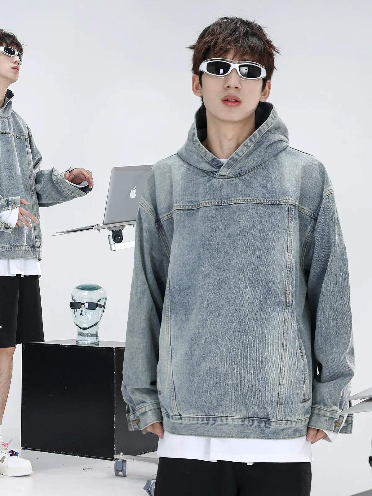 

Trendy High Street Worn-In Washed Denim Hoodie Jacket Loose Overhead American Retro Style for Men And Women Casual Wear