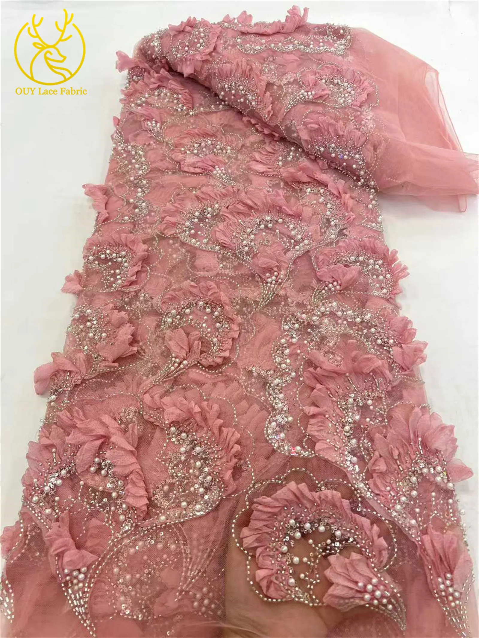 3D Neueste Elegante Afrikanische Spitze 2026 Hochwertige Französische Tüllspitze Nigeria Perlen-Pailletten-Spitzenstoff für Hochzeitskleider – Detail 8