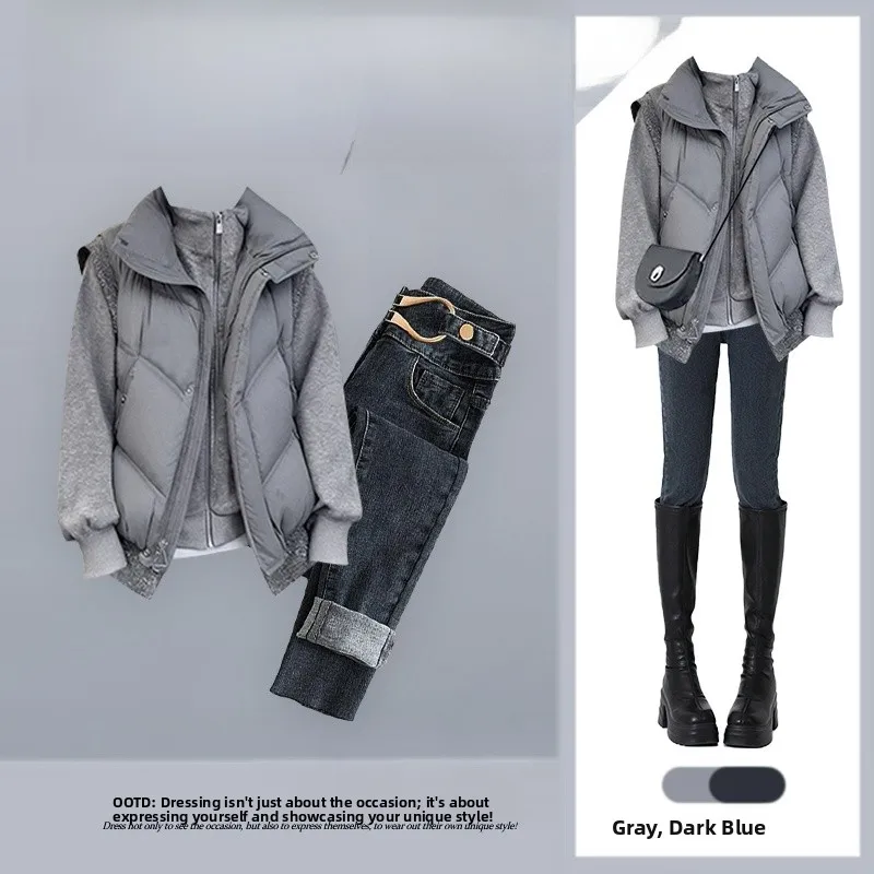 

Casual Sle Women's Tee-Piece Set Korean Warm Stand Collar Zipper Sweatirt Cotton Jaet Vest Jeans Autumn Faion Ensemble