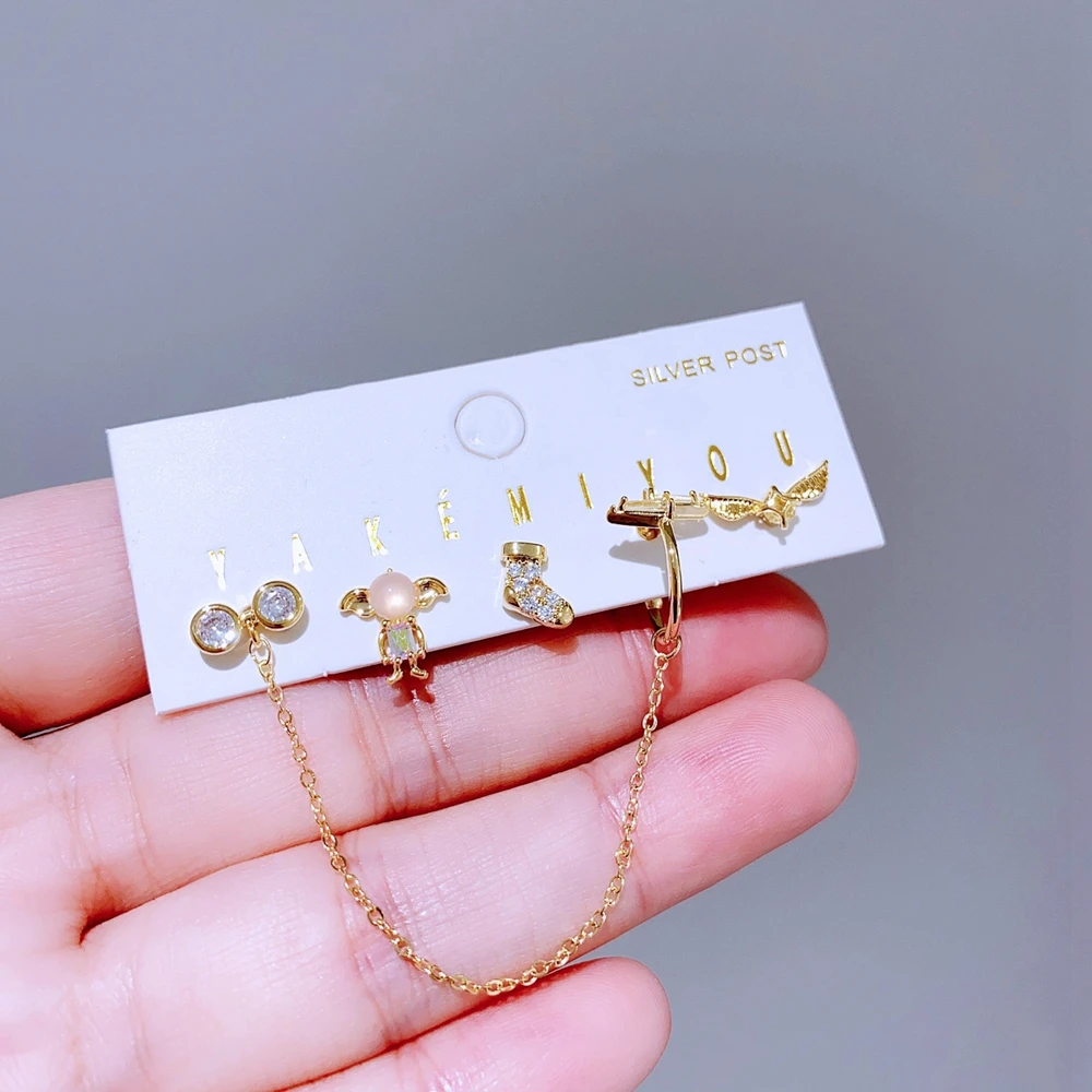 5pcs/set Mixed Cartoon Stud Earrings Gold Color Plated Cubic Zirconia Crystal Women Girls Jewellery
