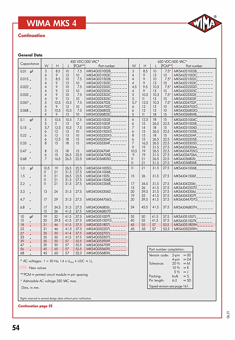 WIMA-Capacitor passivo de áudio, filme alemão, MKS4, 630V, 0,22 UF, 223 22NF, passo 7,5mm, 5 PCs, 10 PCs, 50PCs