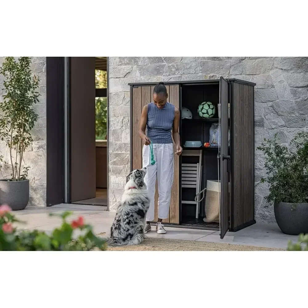 Signature Weatherproo Plastic Garden Cabinet with Metal Reinorcement 1400 Litre Storage Space Lockable Walnut Wood Design
