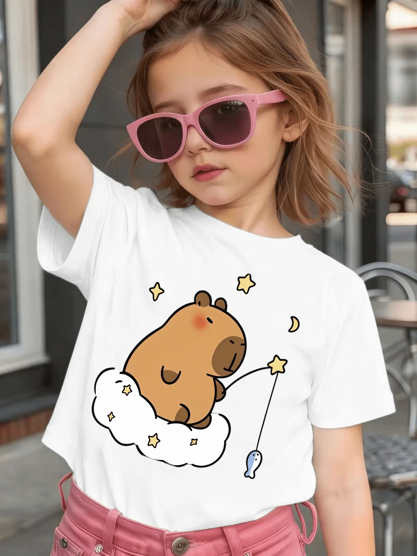Cute Capybara Fishing On Cloud Cartoon Graphic Kids Tee Boys Girls Family Matching Cotton Crew Neck Short Sleeve Soft Summer Tee