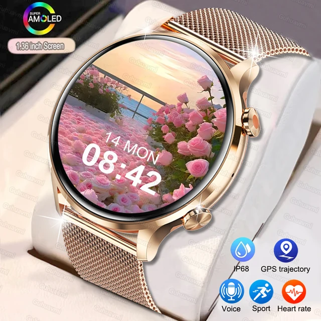 Smartwatch damski 2025, nowy model, ekran AMOLED HD, GPS, pomiar tętna, połączenia Bluetooth, wodoodporny, smartwatch outdoorowy dla kobiet.