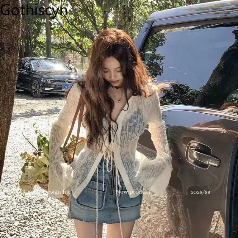 

Gothiscyn French V-neck Lace Shirt Women's Spring and Summer Thin Spicy Girl Chiffon Cardigan Top Fashion Female Clothes