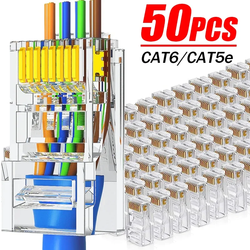 CAT6 Pass Through Connectors Gold Plated 8P8C Pass Through Ends UTP Network Plug 1000Mbps RJ45 Unshielded Modular Plugs Adapter