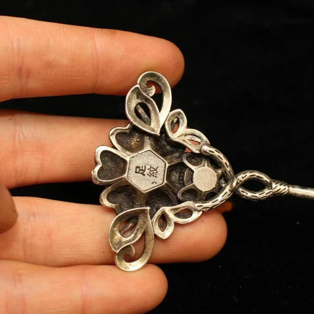 Chinese Old Craft Made Old Tibetan Silver Emerald Inlaid Jade hairpin