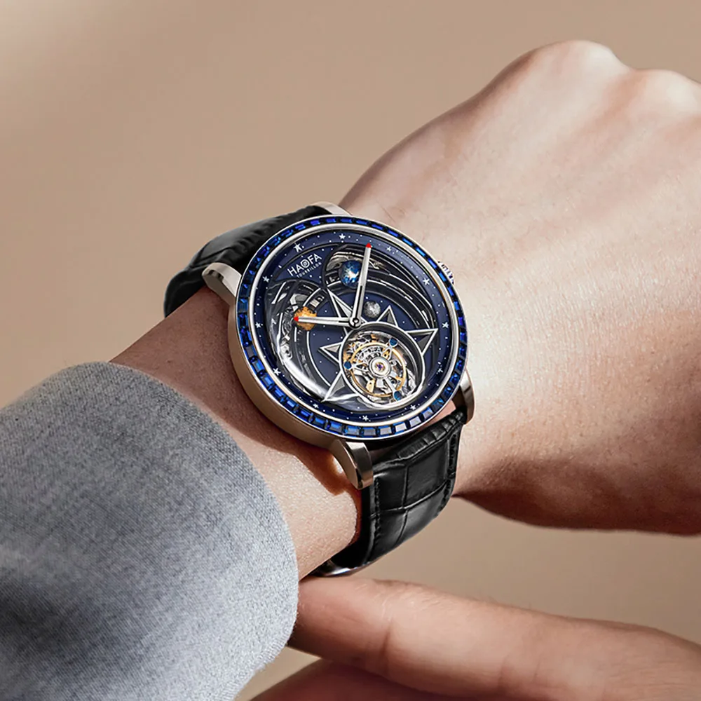Haofa Tourbillon Watch Man Flying Automatic Movement Watch Men Mechanical Solar System Zircon Luminous Man Wristwatch 2269