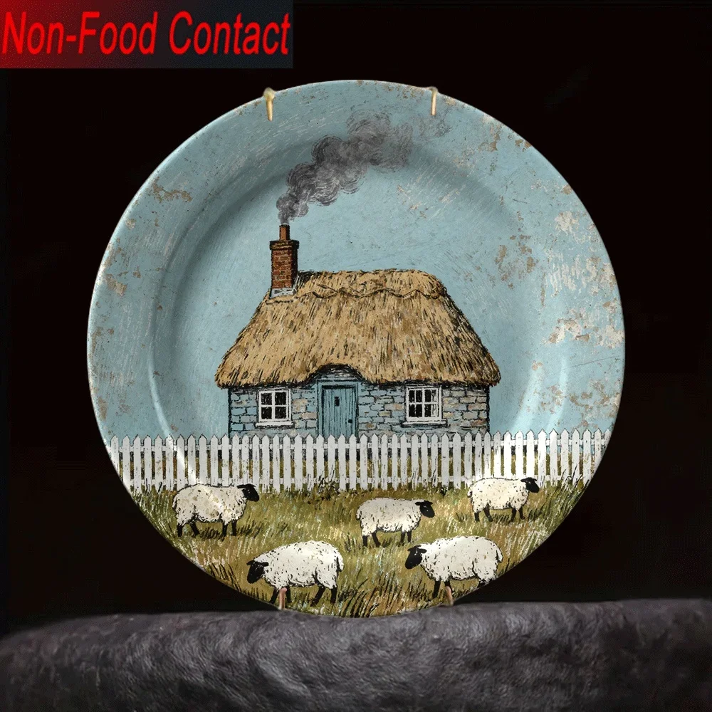 2D Flat, 1pc Ceramic Decorative Plate, Non-Food Contact Pure Decoration, Pastoral Style Thatch House Sheep Pattern Home Desktop