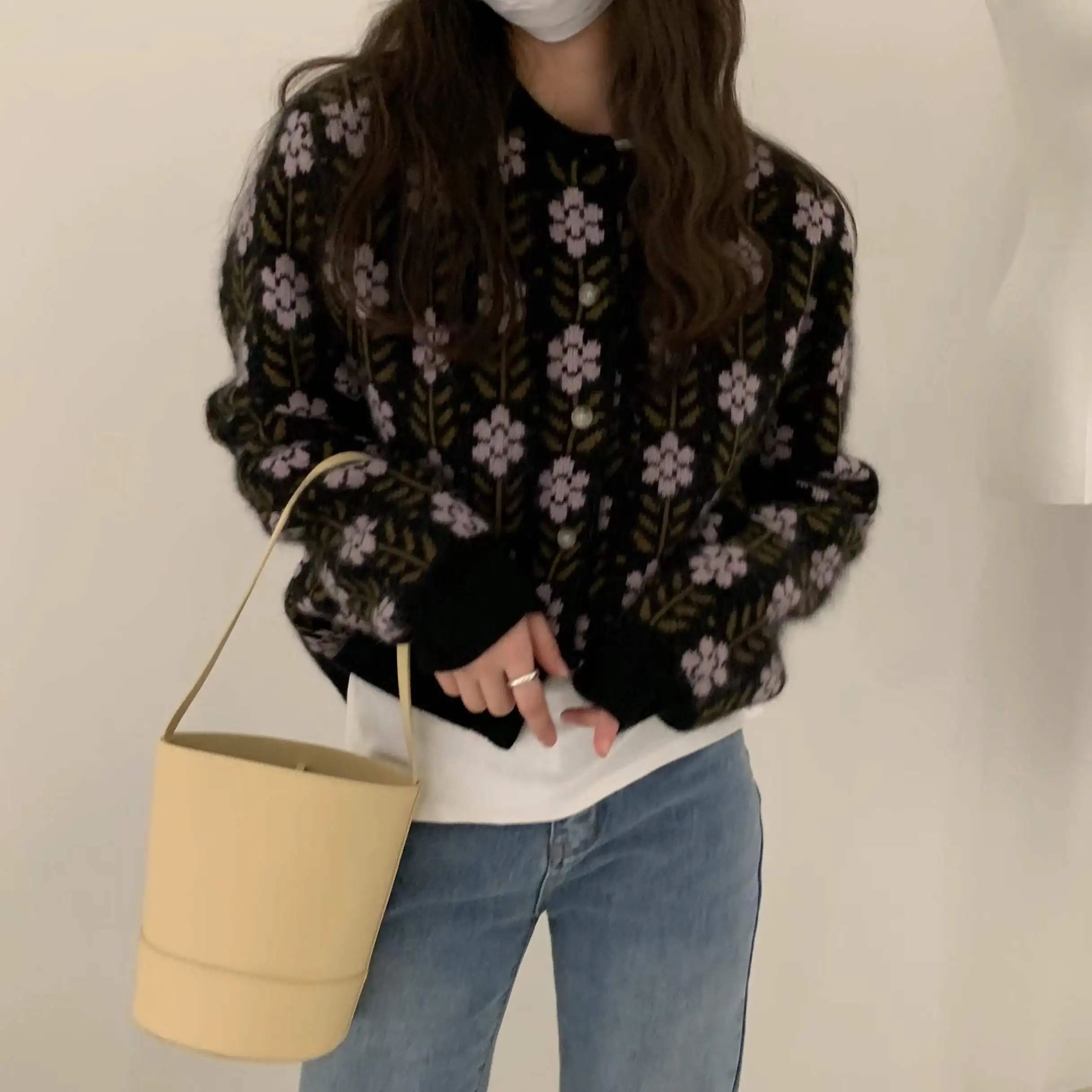 Women New Autumn Winter Fine Wool Warm Sweater O-neck Loose Thickened Flower Print Cardigan Casual Knitted Soft Jacket Tops