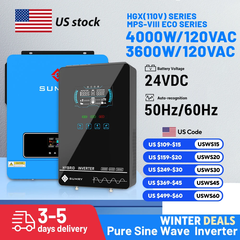 Sumry 3.6/4kw Hybrid Solar Inverter 24v 110/120v Pure Sine Wave Inverter 50/60hz Short Circuit Protection Free Wifi Module