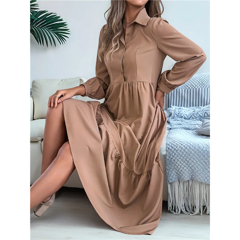 【Decorazione per feste】 Abito camicia casual da donna con maniche a 3/4 e bottoni, scollo a V, colletto a strati, maxi abito fluido