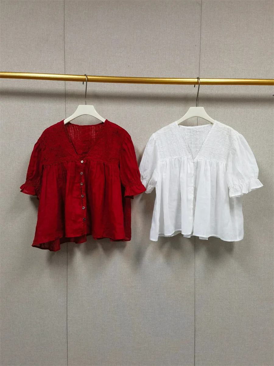 

Spring 2026 New Style Women's Shirt Loose Fit French Style Linen Material Bubble Sleeve V-Neck Button Detail Pleated Short Sl...