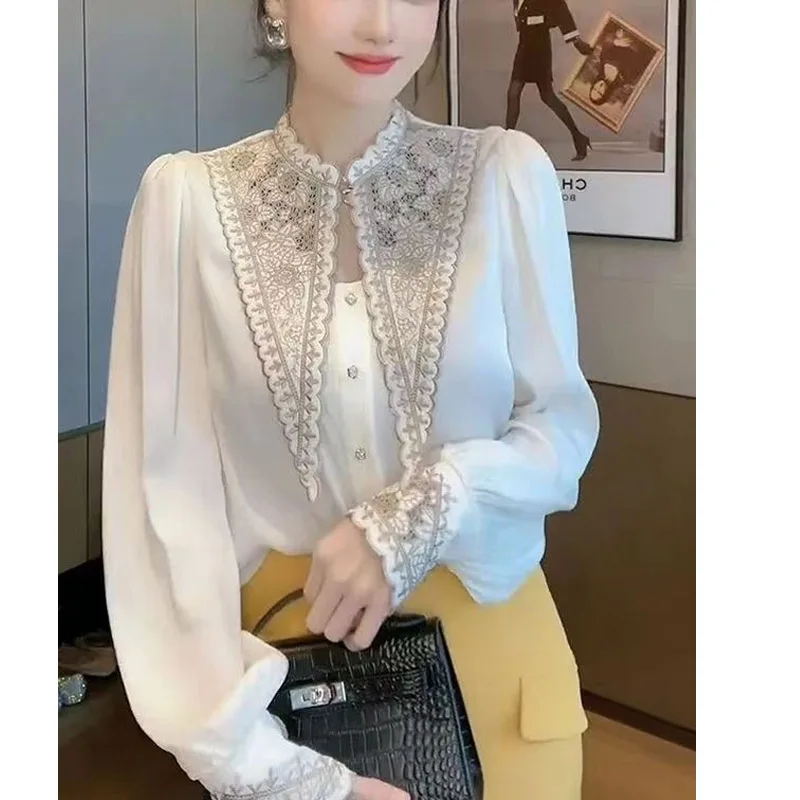 Fashion Korean White Embroidered Peaked Collar Blouse Women New Classic Long Sleeve Casual All-match Temperament Lady Shirt