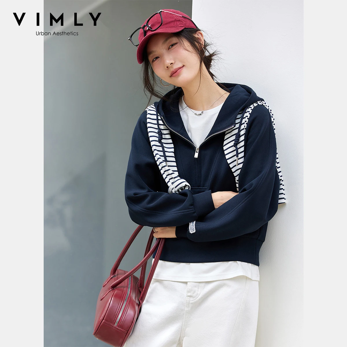 VIMLY ネイビーブルーカジュアルパーカー女性秋 2025 新しいハーフジッパーショートニットセータースポーティなドローストリング長袖トップス A2352