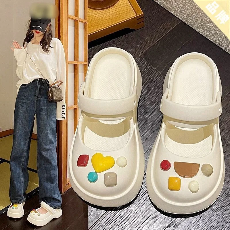 Hot New Arrival Mary Jane Slippers Women Summer Outings Soft Thick Soles Student Hole Shoes Toe Wrapped Half Flip Sandals Shoes