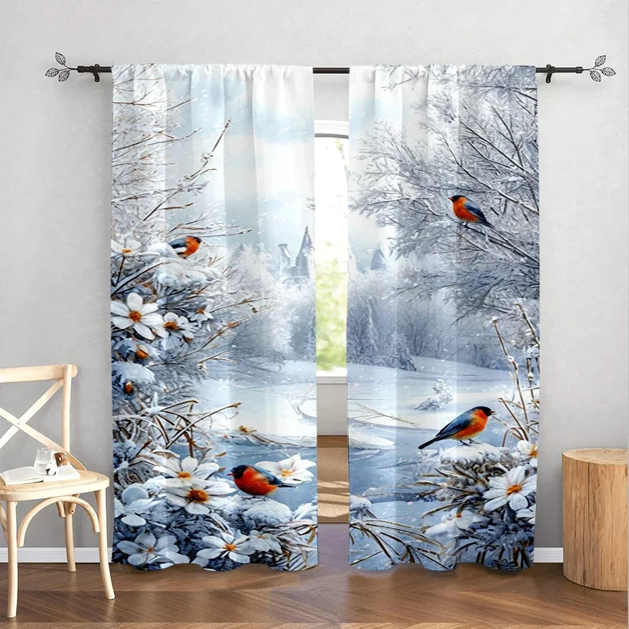 2PCS Winter Bird Curtains, Snowy Forest Red Robin Flower Scene, Realistic Nature Christmas Window Drapes for Bedroom Living Room