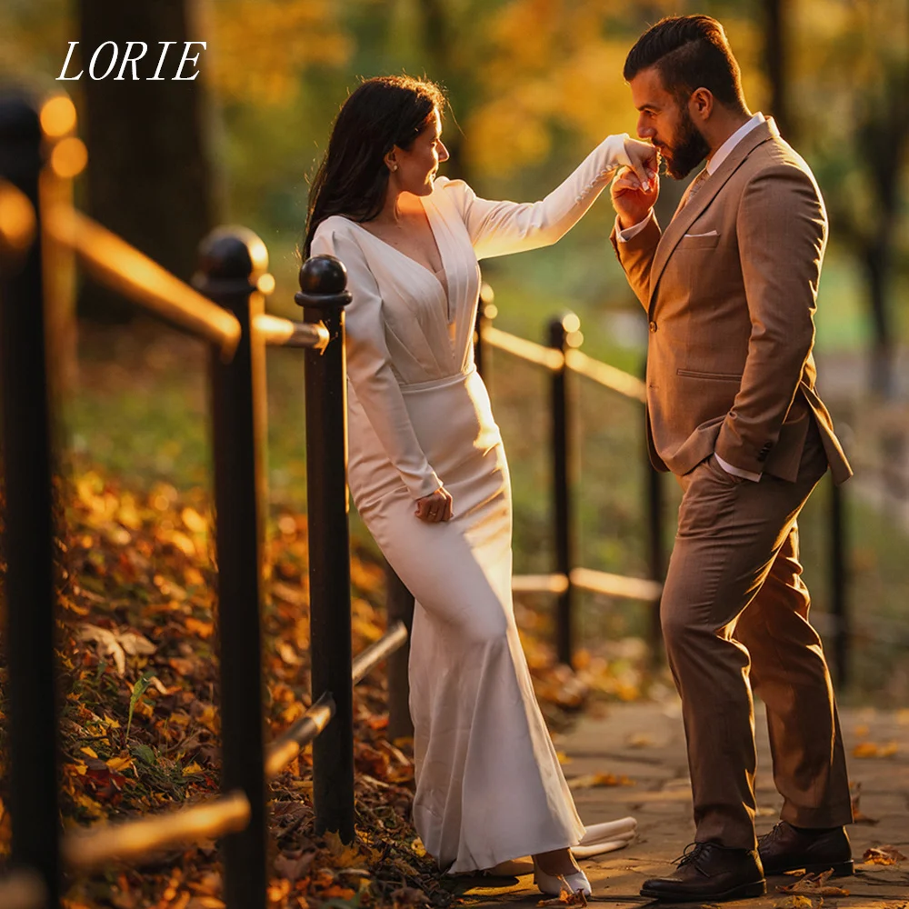 LORIE Luxury Mermaid Wedding Dress Loose V Neck Bridal Dresses Elegant Full Sleeve Pleat Wedding Gown Customized 2026