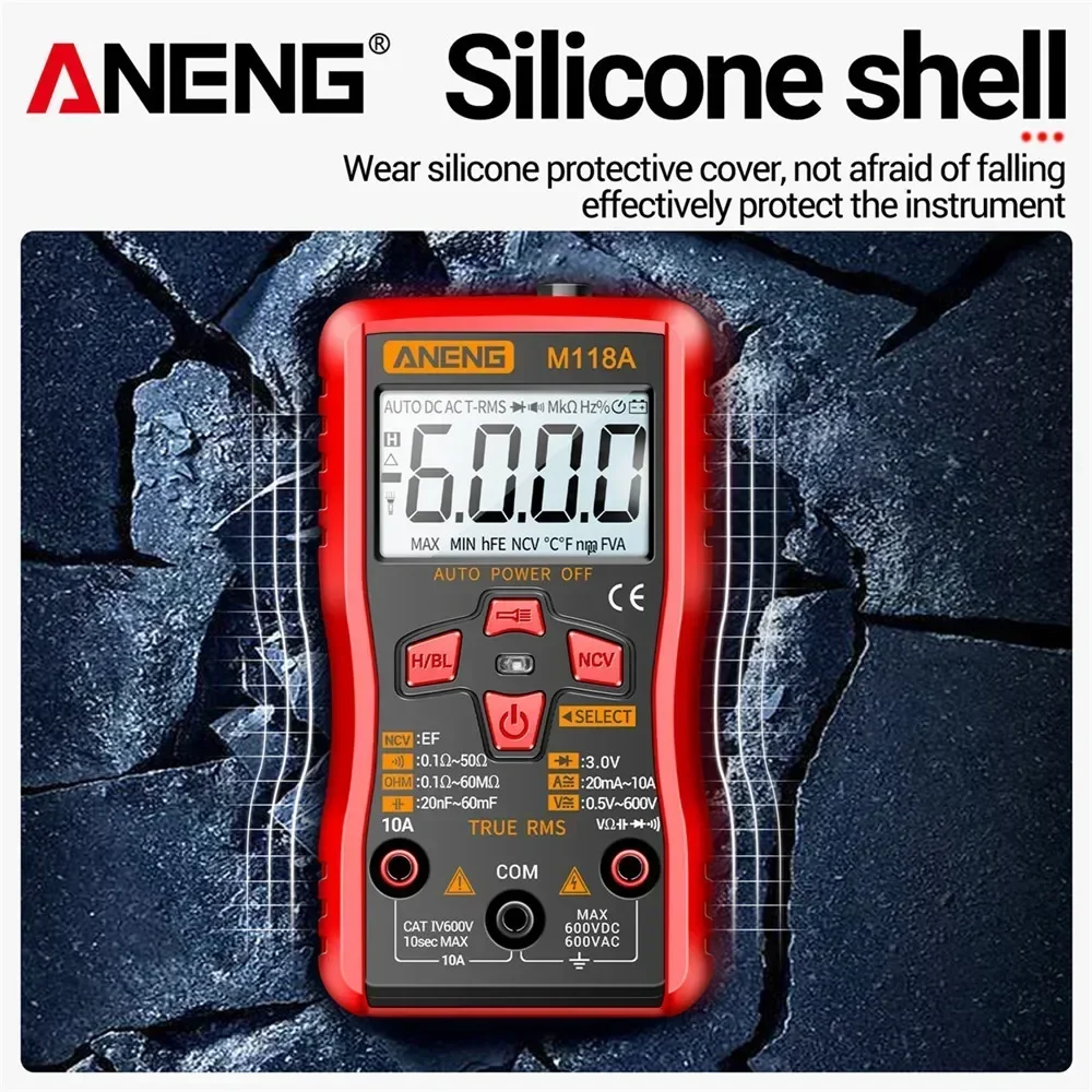 ANENG Digital Mini Multimeter 6000 Counts Auto Mmultimetro DC/AC Voltage Tester  Tranistor Meter NCV Data Hold Flashlight M118A