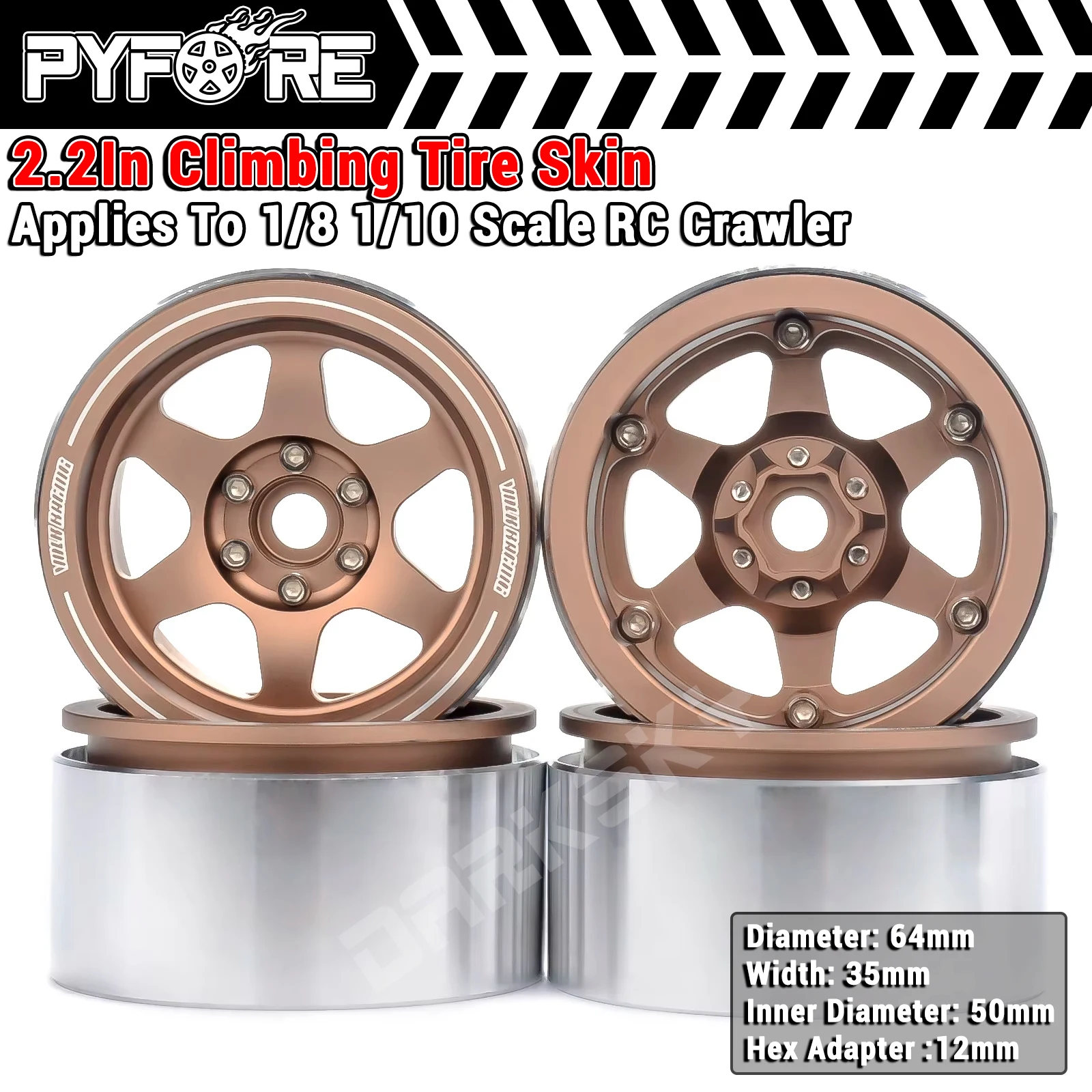 PYFORE 2.2In Climbing Wheel Hub 4PCS Tires 64X35mm 12mm Hexagonal Adapter for 1/10 1/8 RC Model Car Crawler Accessories