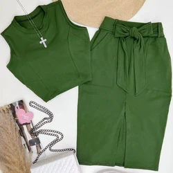 Dress Sets Women Two Piece Sets Skirt Set Bodycon Round Neck Sleeveless Vest Y2k Crop Tops Mid Length Skirts Lace Up High Waist
