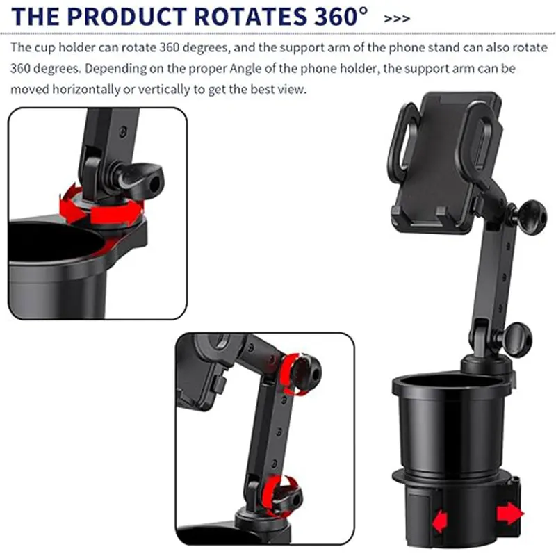 Universal Auto Cell Phone Stand with Drink Expand Cup Holder 2 in 1 Multifunctional Car Cup Holder Expander 360° Rotation Mount