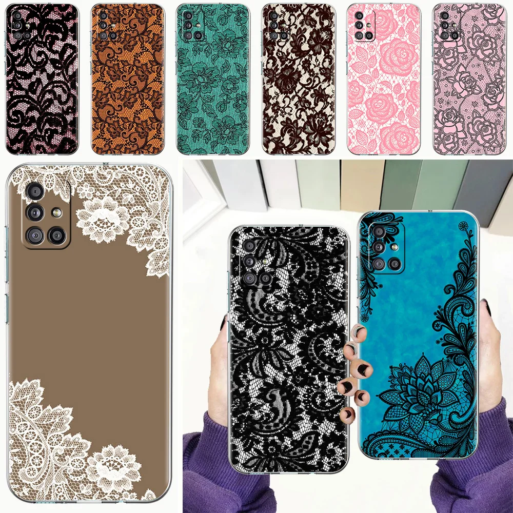 Phone Case For Samsung A15 A13 A35 A55 A51 A71 A41 A31 A21S A03S A05 A17 A23 A25 A33 A53 A73 5G A07 4G Clear Cover Lace Printed