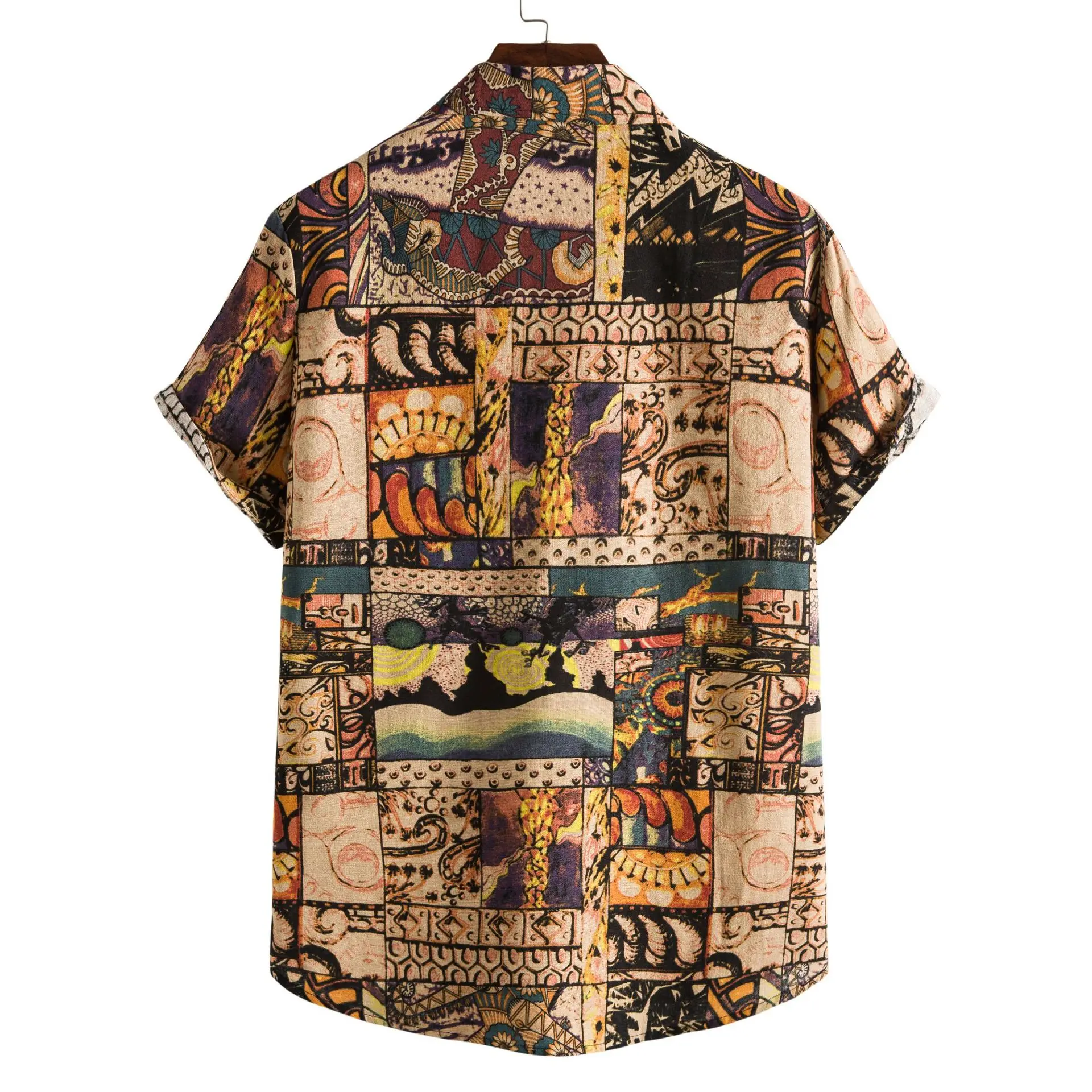 Men's Hawaiian Print Shirts Short Sleeve Button up Casual Cleanfit Polyester V-Neck T-Shirt Loose Fit Dyeing Pattern